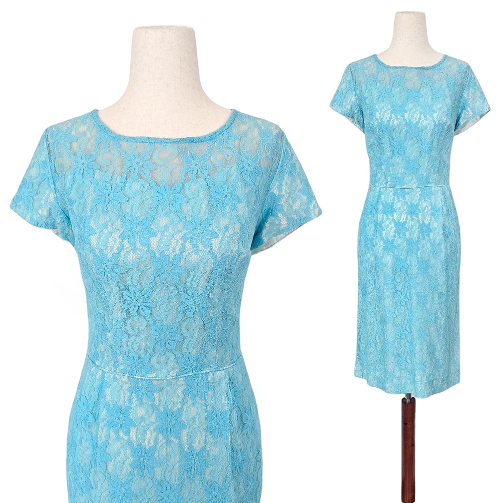 1950s Vintage Dress 50s Lace Wiggle Sheath Cocktail Blue Illusion ILGWU Small